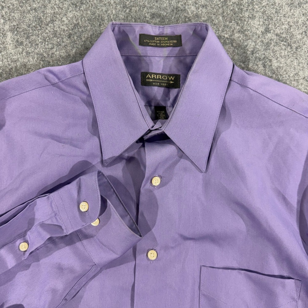 Arrow USA 1851 Mens Purple Sateen Wrinkle Free Dress Shirt Medium 15-15.5 34/35